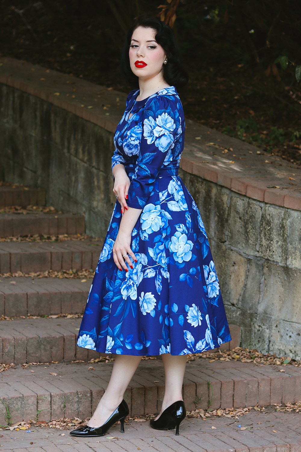 Dafney Blue Floral Swing Dress in Blue Hearts Roses London